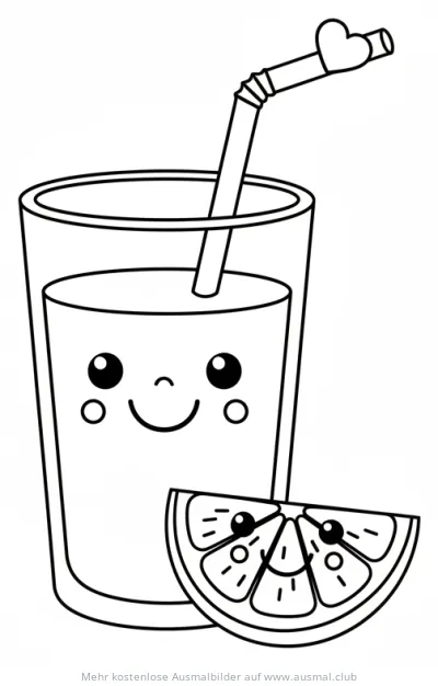 Freundliches Orangensaftglas mit Strohhalm und Orangenscheibe Ausmalbild