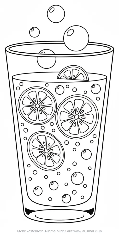 Glas Limonade mit Zitronenscheiben und Bläschen Ausmalbild