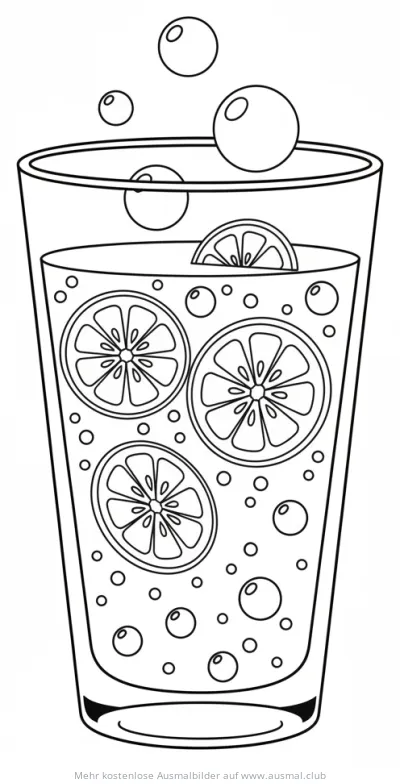 Glas Limonade mit Zitronenscheiben und Bläschen Ausmalbild