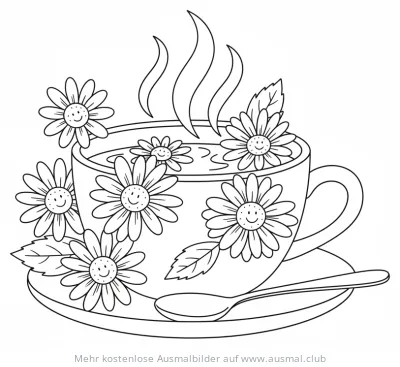 Kräutertee Tasse mit Gänseblümchen Ausmalbild