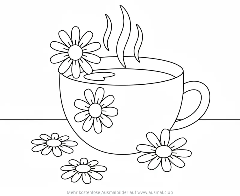 Kamillentee Tasse mit Gänseblümchen Ausmalbild