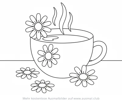 Kamillentee Tasse mit Gänseblümchen Ausmalbild