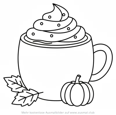 Pumpkin Spice Latte Ausmalbild mit Kürbis und Blättern