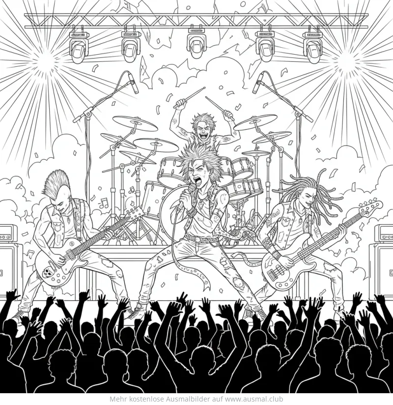 Rockband mit Gitarre, Schlagzeug und Publikum Ausmalbild
