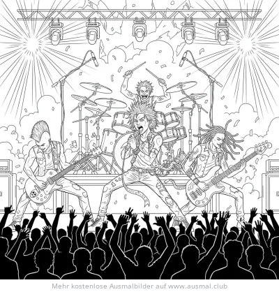 Rockband mit Gitarre, Schlagzeug und Publikum Ausmalbild