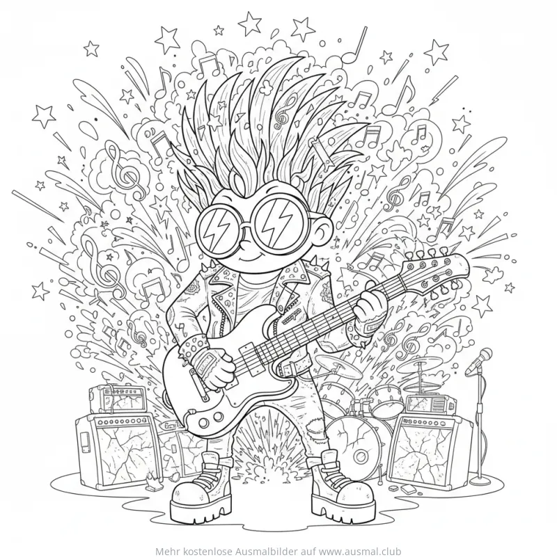 Cartoon Rockstar mit Gitarre Ausmalbild