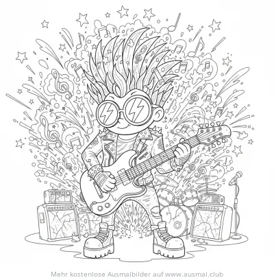 Cartoon Rockstar mit Gitarre Ausmalbild