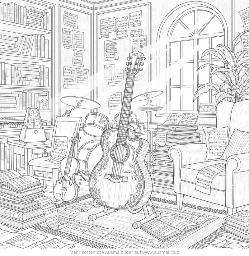 Akustik Gitarre Ausmalbild im Musikzimmer