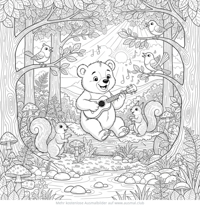 Bär spielt Ukulele im Wald, Vögel und Eichhörnchen hören zu Ausmalbild