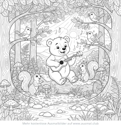 Bär spielt Ukulele im Wald, Vögel und Eichhörnchen hören zu Ausmalbild