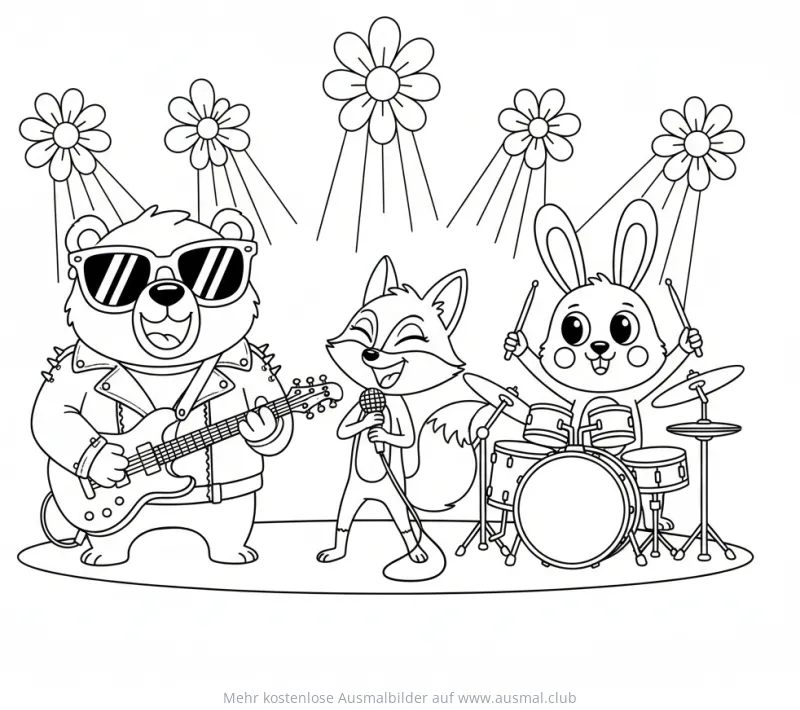 Tierische Rockband: Bär, Fuchs und Hase mit Instrumenten Ausmalbild