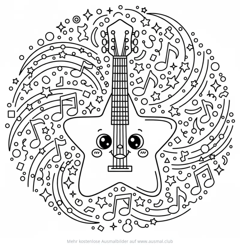 Sternförmige Gitarre mit Gesicht und Noten Ausmalbild