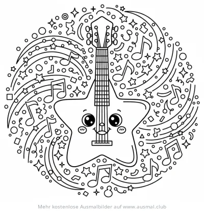 Sternförmige Gitarre mit Gesicht und Noten Ausmalbild
