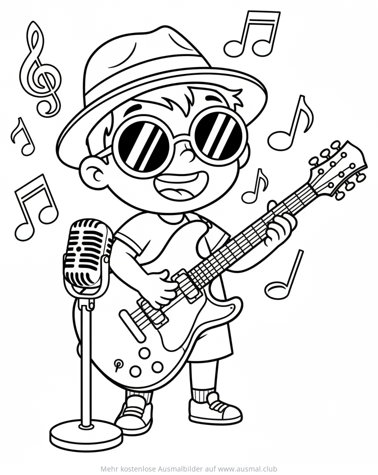 Gitarrenspieler mit Hut und Sonnenbrille Ausmalbild
