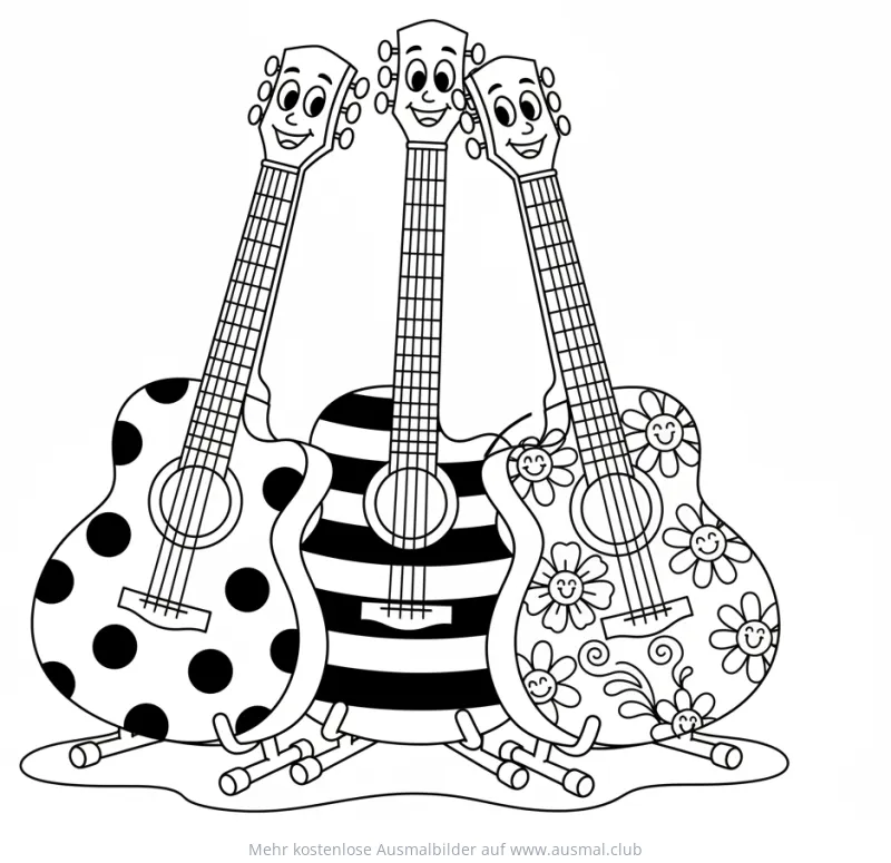 Drei Gitarren mit Mustern Ausmalbild