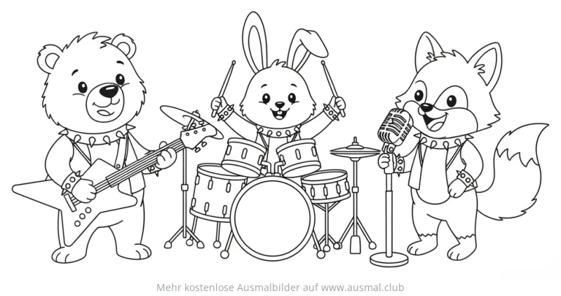 Tierische Rockband mit Bär, Hase und Fuchs Ausmalbild
