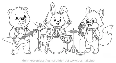 Tierische Rockband mit Bär, Hase und Fuchs Ausmalbild