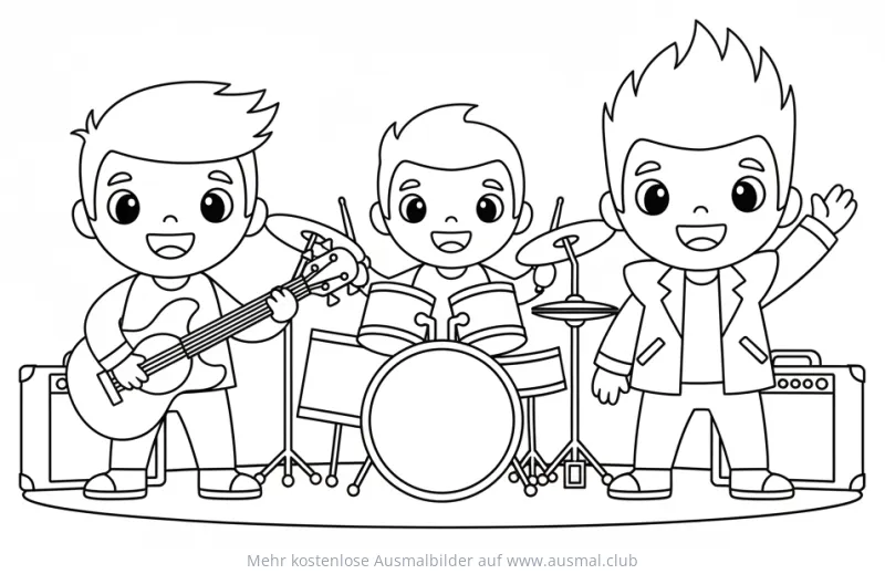 Rockband mit Gitarrist, Schlagzeuger und Sänger Ausmalbild