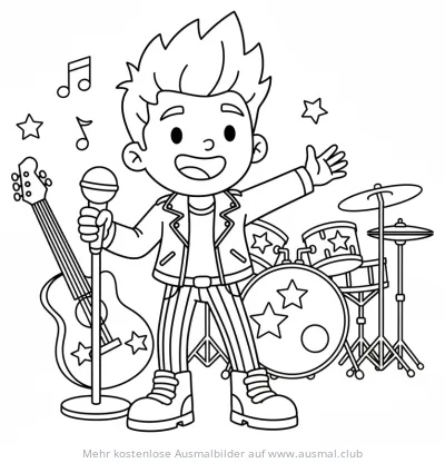Rockstar mit Gitarre und Schlagzeug Ausmalbild