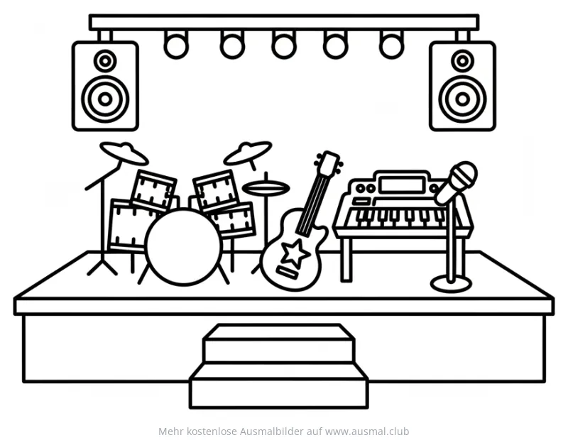 Konzertbühne mit Schlagzeug, Gitarre, Keyboard und Mikrofon Ausmalbild