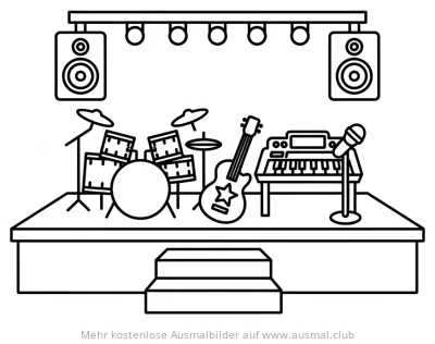 Konzertbühne mit Schlagzeug, Gitarre, Keyboard und Mikrofon Ausmalbild
