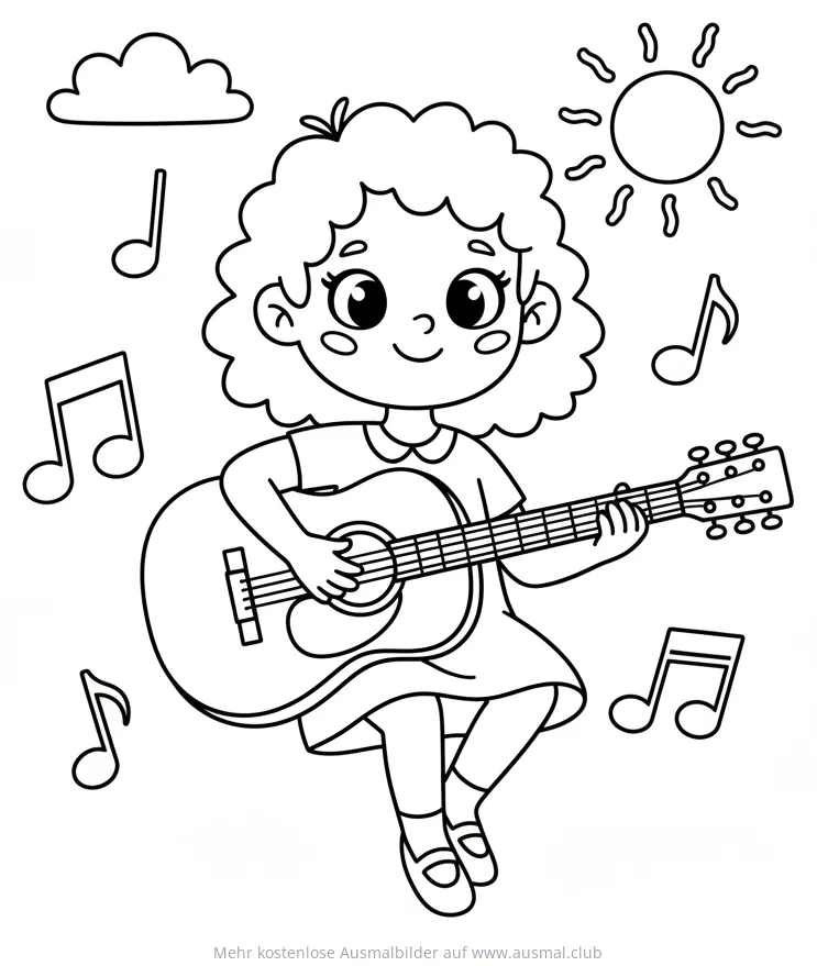 Mädchen spielt Gitarre Ausmalbild mit Noten, Sonne und Wolke