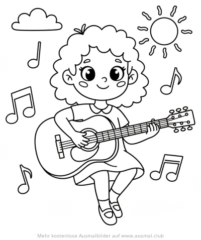 Mädchen spielt Gitarre Ausmalbild mit Noten, Sonne und Wolke