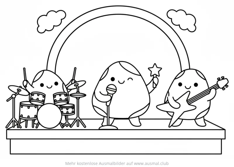 Rockband mit Gitarre, Schlagzeug und Sänger auf der Bühne Ausmalbild