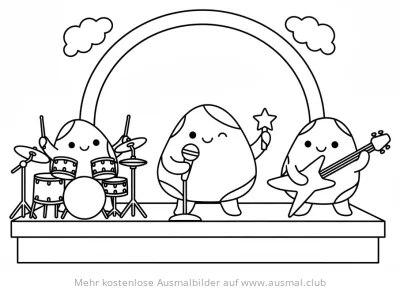 Rockband mit Gitarre, Schlagzeug und Sänger auf der Bühne Ausmalbild