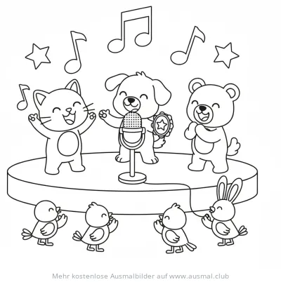 Gesangswettbewerb mit Tieren Ausmalbild