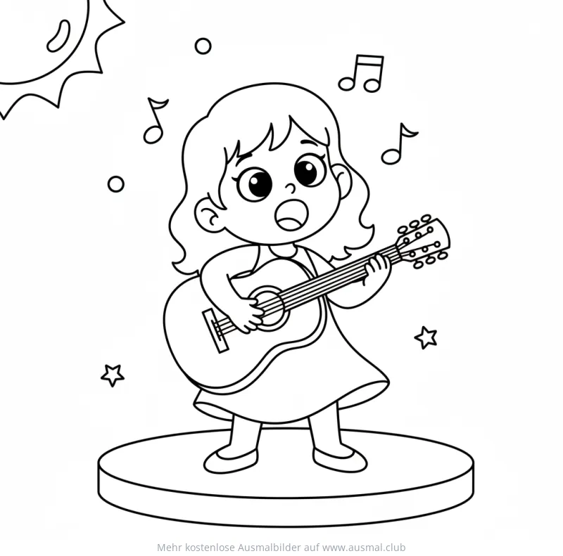 Mädchen singt und spielt Gitarre auf Bühne Ausmalbild