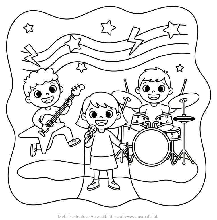 Rockband mit Gitarrist, Sängerin und Schlagzeuger Ausmalbild