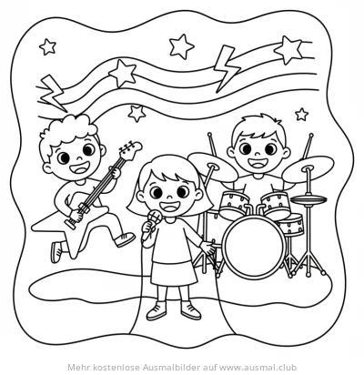 Rockband mit Gitarrist, Sängerin und Schlagzeuger Ausmalbild