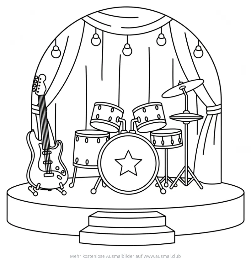 Rockband Bühne mit Gitarre und Schlagzeug Ausmalbild