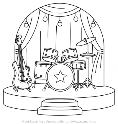 Rockband Bühne mit Gitarre und Schlagzeug Ausmalbild