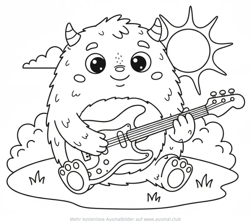 Monster mit Gitarre auf einer Wiese Ausmalbild