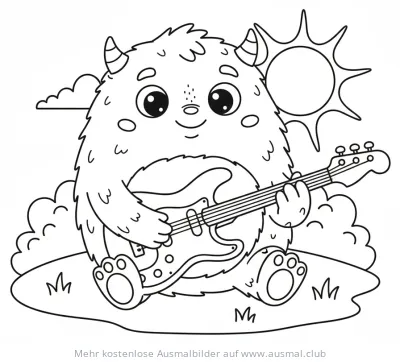 Monster mit Gitarre auf einer Wiese Ausmalbild
