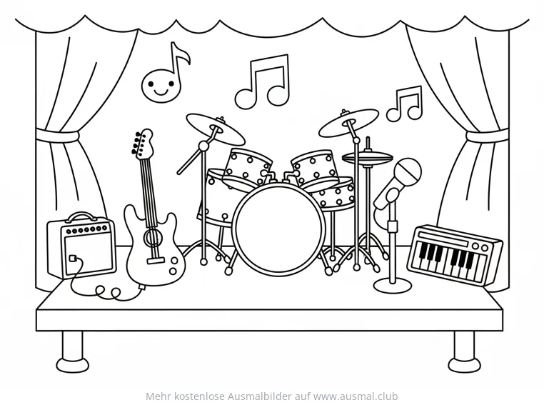 Schlagzeug, Gitarre, Keyboard und Mikrofon auf einer Bühne Ausmalbild