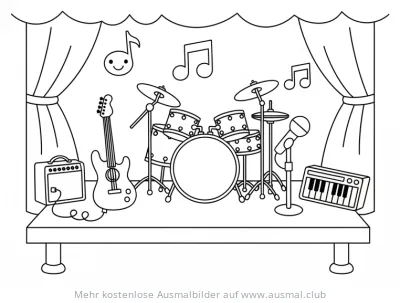 Schlagzeug, Gitarre, Keyboard und Mikrofon auf einer Bühne Ausmalbild