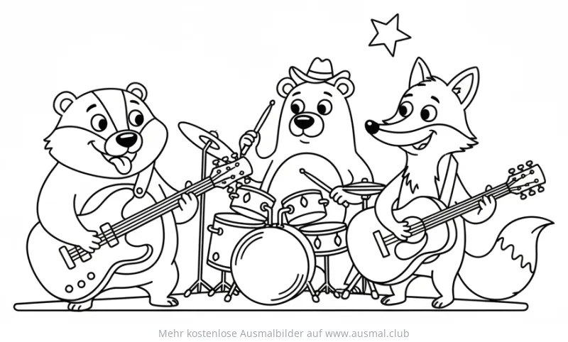Tierband mit Dachs, Bär und Fuchs als Rockband Ausmalbild