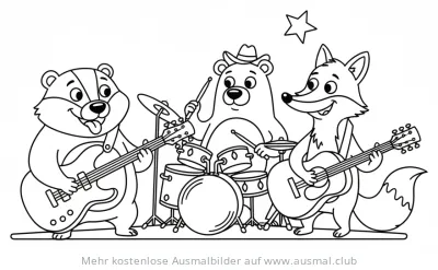 Tierband mit Dachs, Bär und Fuchs als Rockband Ausmalbild