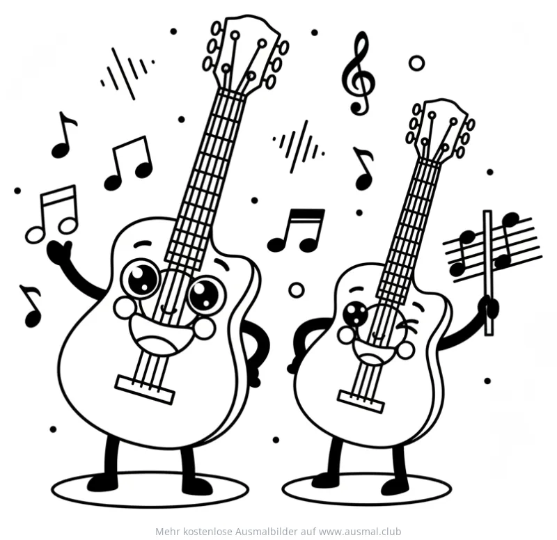 Fröhliches Gitarrenduo Ausmalbild mit Noten