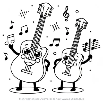 Fröhliches Gitarrenduo Ausmalbild mit Noten