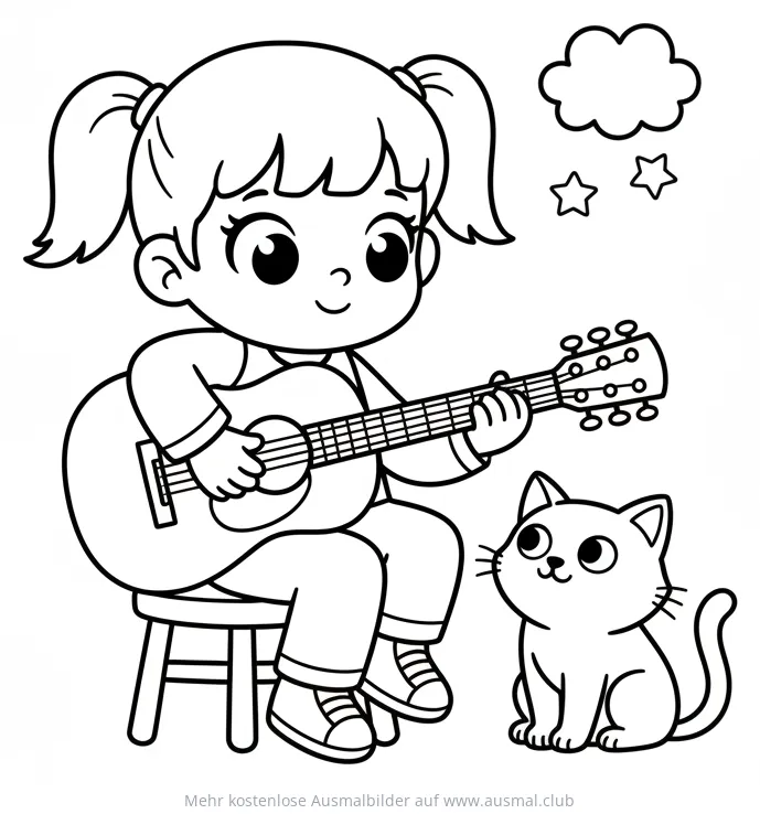 Mädchen spielt Gitarre mit Katze Ausmalbild