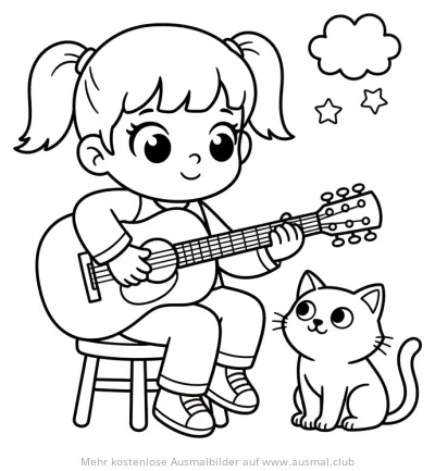 Mädchen spielt Gitarre mit Katze Ausmalbild