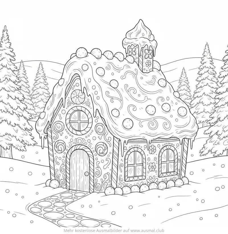 Lebkuchenhaus Ausmalbild im Winterwald