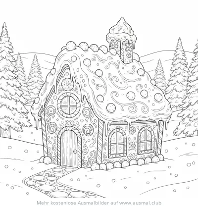 Lebkuchenhaus Ausmalbild im Winterwald