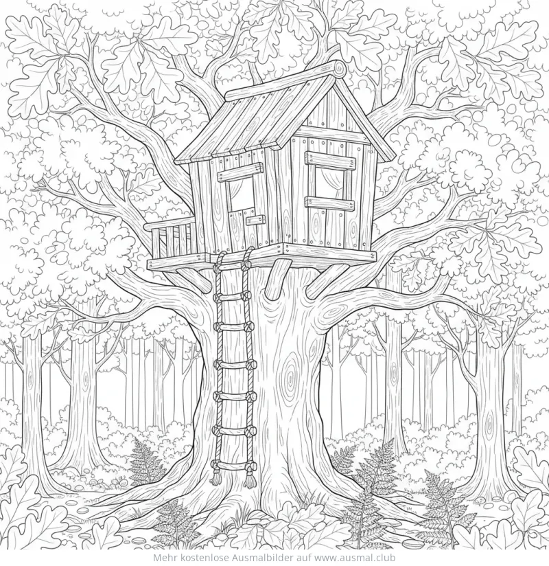 Baumhaus im Wald Ausmalbild mit Strickleiter