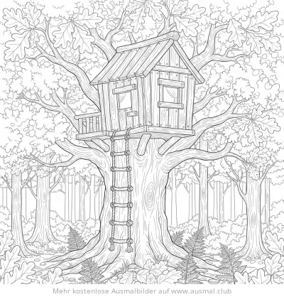 Baumhaus im Wald Ausmalbild mit Strickleiter