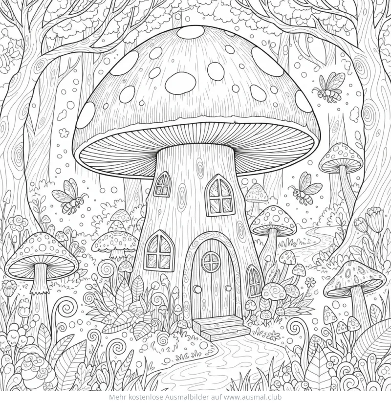 Pilzhaus Ausmalbild im Wald